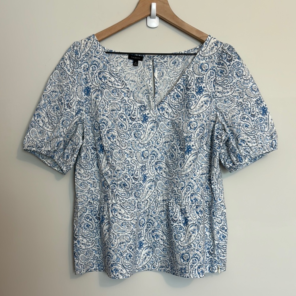 Talbots White Blouse with Blue Paisley Print